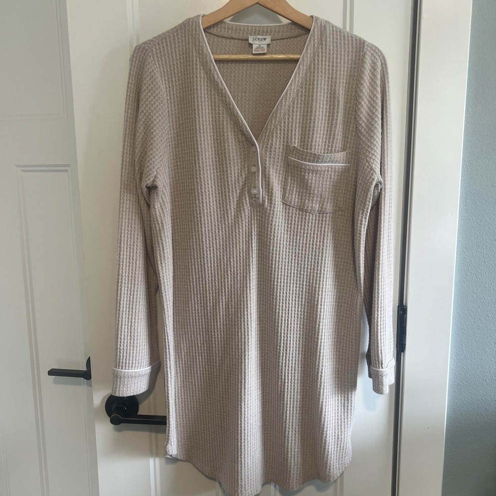 J Crew Pajama Shirt Dress Waffle Knit Henley Womens Medium‎ Tan